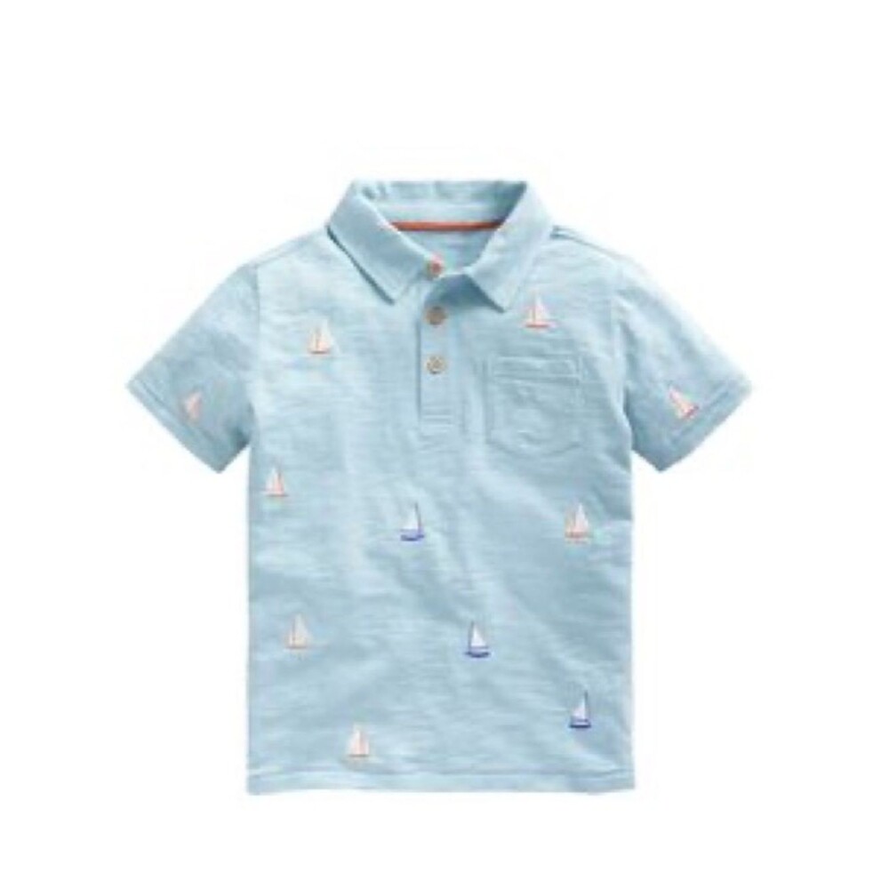 Mini Boden Boys Short Sleeve Blue Sailboat Embroidery Nautical Polo Shirt. 7-8.